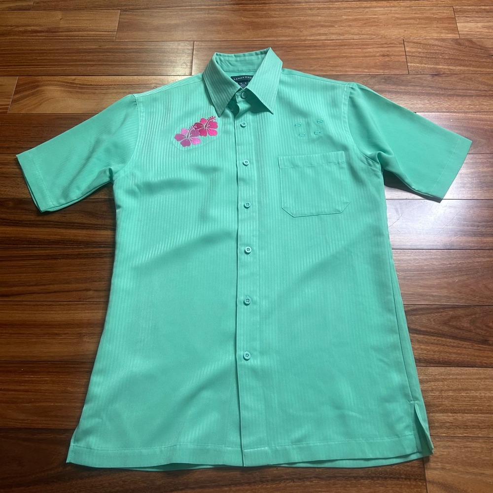 Lands' End tropical Button-Up Shirt Hibiscus Flower Short Sleeve Casual Green M